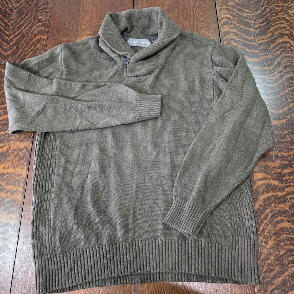 Oscar de la Renta men's olive green shawl collar pullover sweater Sz L